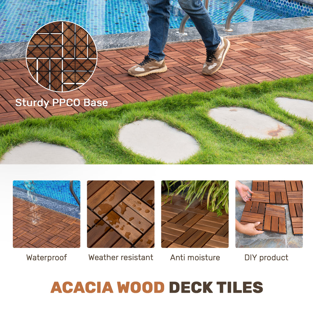 AEELLEEA Acacia Wood Interlocking Deck Tiles, 20 Pack 12"×12" Waterproof Checker Patio Flooring Tiles for Balcony Poolside