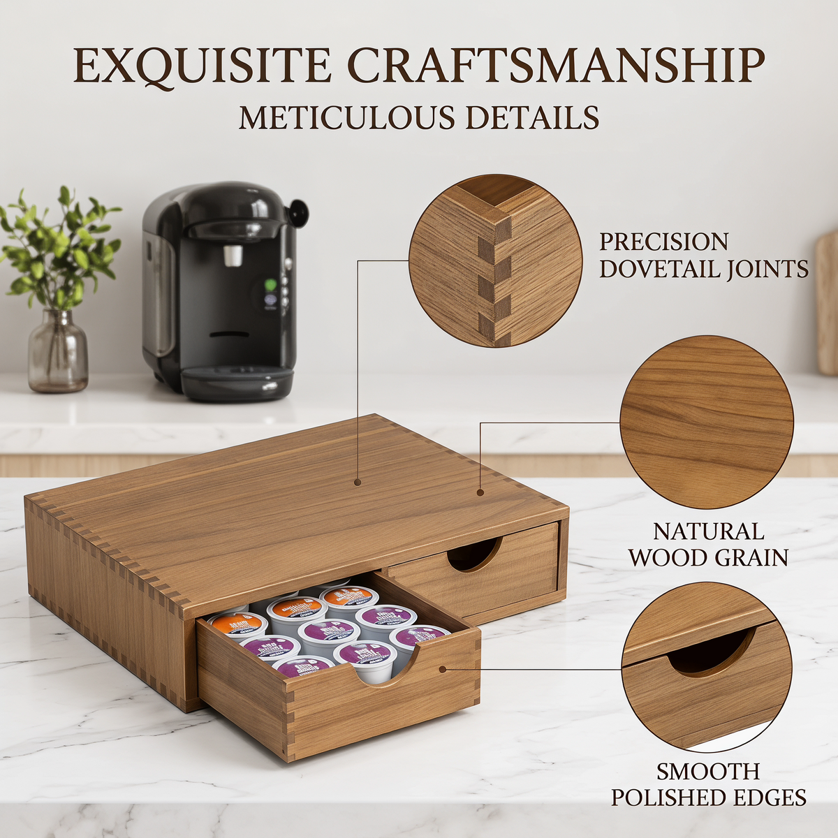 Wooden K Cup Organizer Coffee Pod Storage Box, Coffee Pods and Tea Organizer Holder, K Pod Drawer Coffee Maker Machine Stand, Kcup Drawer Organizer
