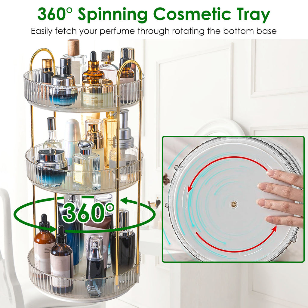 Aeelleea 3-Tier Rotating Makeup Organizer, Round White Cosmetic Storage Tray, 360° Spinning Skincare Holder for Bathroom Vanity