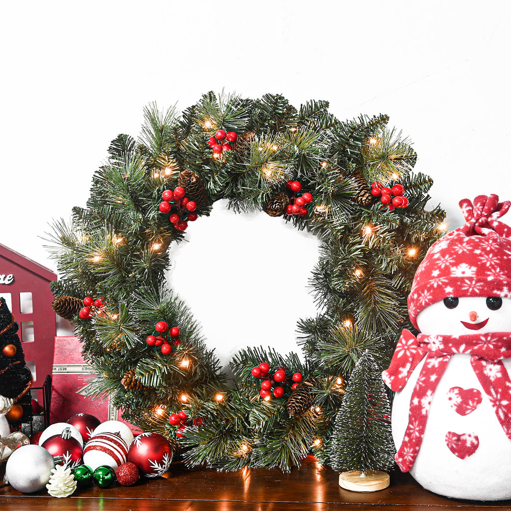 25" Pre-Lit Christmas Wreath with 70 Warm White LED Lights, Battery Operated Pine Needle Wreath with Berries & Pine Cones for Front Door.