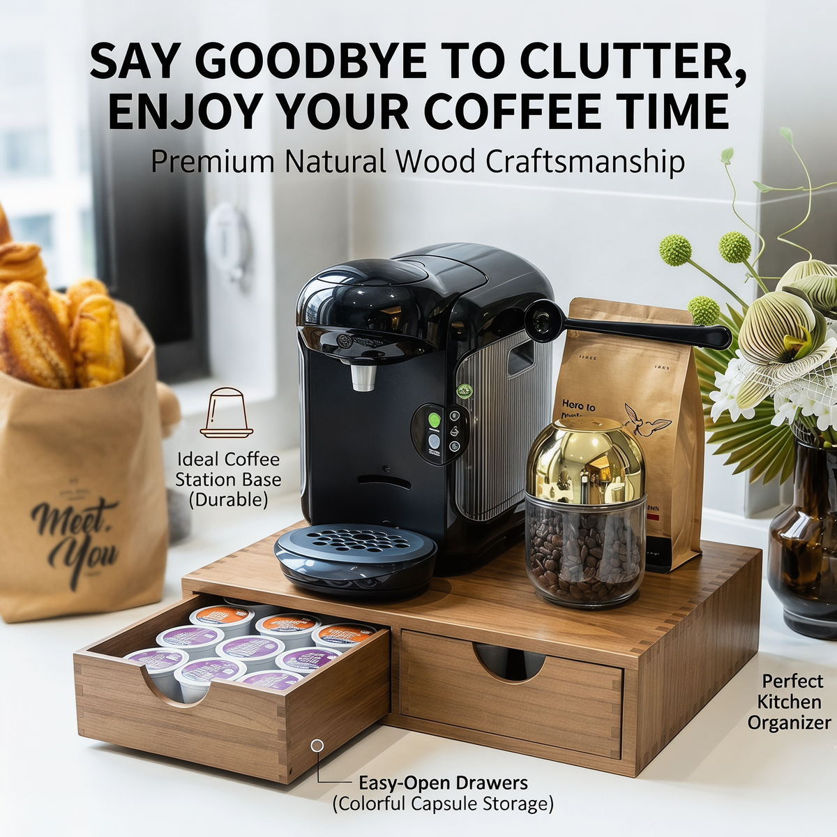 Wooden K Cup Organizer Coffee Pod Storage Box, Coffee Pods and Tea Organizer Holder, K Pod Drawer Coffee Maker Machine Stand, Kcup Drawer Organizer