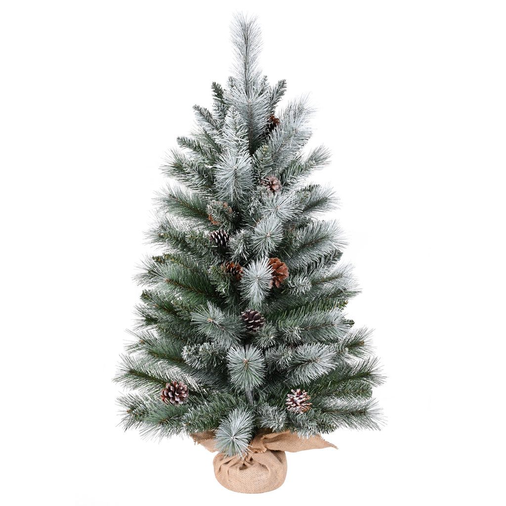 2ft Small Flocked Artificial Christmas Tree with Pinecones & Burlap Base, Tabletop Mini Christmas Tree for Home Holiday Decor