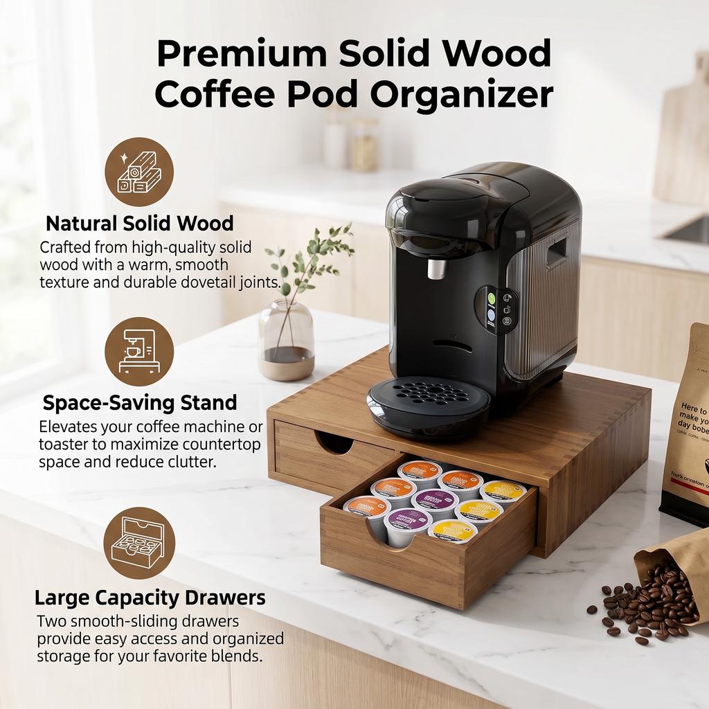 Wooden K Cup Organizer Coffee Pod Storage Box, Coffee Pods and Tea Organizer Holder, K Pod Drawer Coffee Maker Machine Stand, Kcup Drawer Organizer