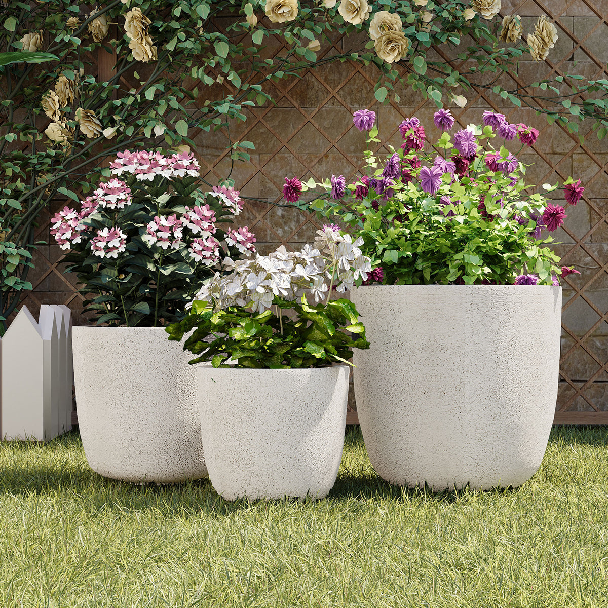 AEELLEEA Set of 3 MGO Planters, 16.9/14/11.2 in Round Indoor Outdoor Flower Pots with Drainage Holes, Stackable, White