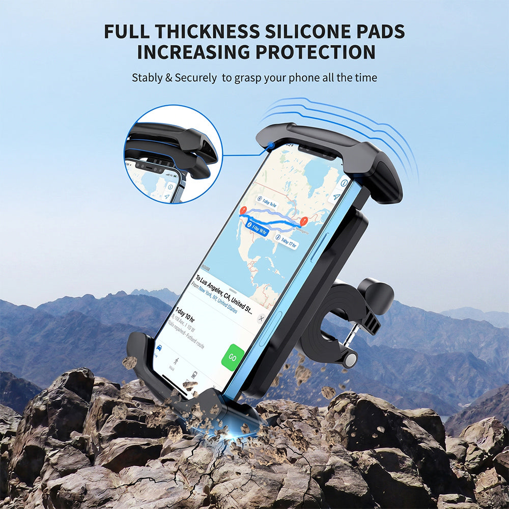 Universal Motorcycle & Bike Phone Mount, 360° Rotatable Handlebar Cell Phone Holder, Shockproof Anti-Slip Bicycle Phone Stand Compatible With IPhone Samsung Android