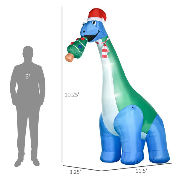 10.25 Ft Christmas Inflatable Dinosaur with Santa Hat LED Lights Outdoor Yard Decoration with Stakes and Tethers