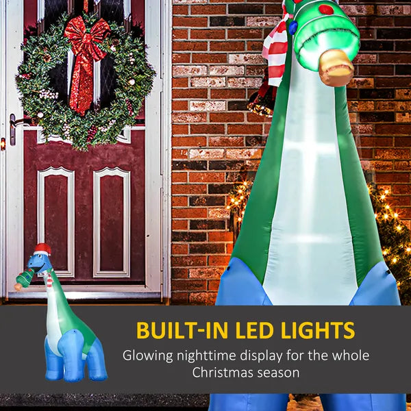 10.25 Ft Christmas Inflatable Dinosaur with Santa Hat LED Lights Outdoor Yard Decoration with Stakes and Tethers
