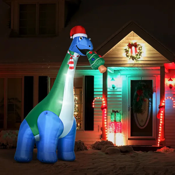 10.25 Ft Christmas Inflatable Dinosaur with Santa Hat LED Lights Outdoor Yard Decoration with Stakes and Tethers