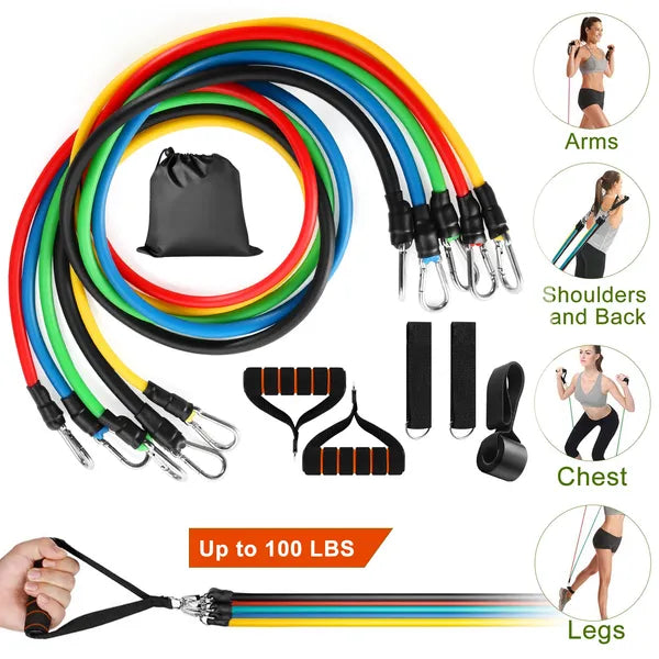 11Pcs Resistance Bands Set, Exercise Training Tubes Max 100lbs, with Door Anchor, Handles & Ankle Straps for Strength Training, Yoga & Pilates
