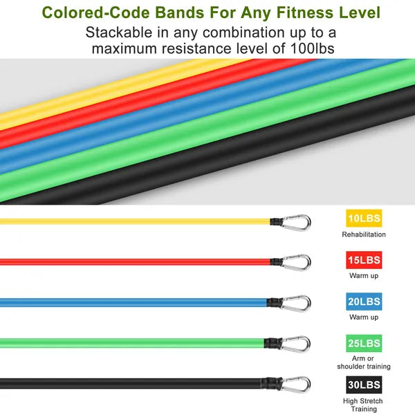 11Pcs Resistance Bands Set, Exercise Training Tubes Max 100lbs, with Door Anchor, Handles & Ankle Straps for Strength Training, Yoga & Pilates