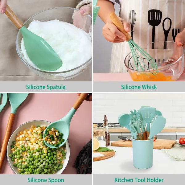 Aeelleea 11Pcs Silicone Cooking Utensil Set, Heat Resistant Kitchen Tools with Wooden Handle, Storage Holder for Nonstick Cookware