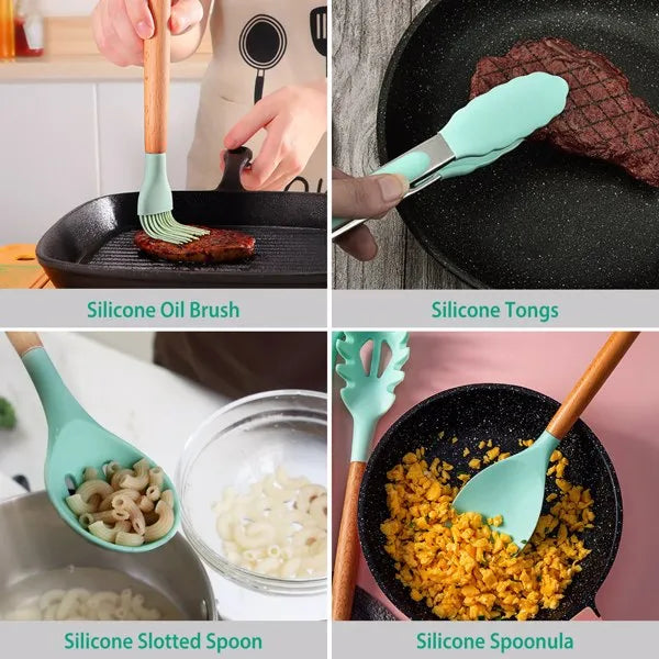 Aeelleea 11Pcs Silicone Cooking Utensil Set, Heat Resistant Kitchen Tools with Wooden Handle, Storage Holder for Nonstick Cookware