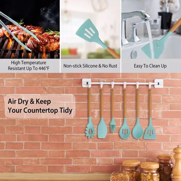 Aeelleea 11Pcs Silicone Cooking Utensil Set, Heat Resistant Kitchen Tools with Wooden Handle, Storage Holder for Nonstick Cookware