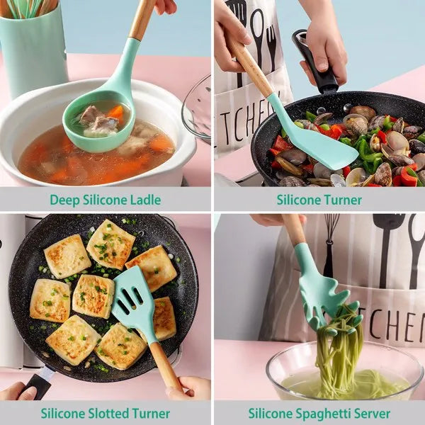 Aeelleea 11Pcs Silicone Cooking Utensil Set, Heat Resistant Kitchen Tools with Wooden Handle, Storage Holder for Nonstick Cookware
