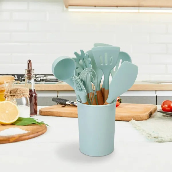 Aeelleea 11Pcs Silicone Cooking Utensil Set, Heat Resistant Kitchen Tools with Wooden Handle, Storage Holder for Nonstick Cookware