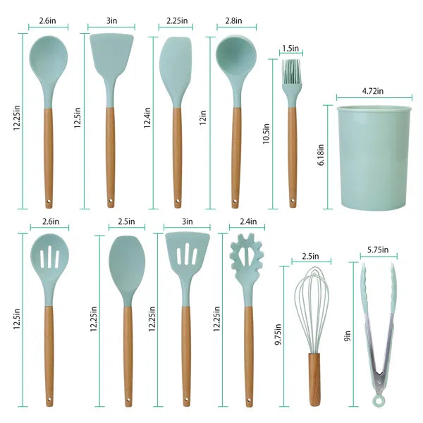 Aeelleea 11Pcs Silicone Cooking Utensil Set, Heat Resistant Kitchen Tools with Wooden Handle, Storage Holder for Nonstick Cookware