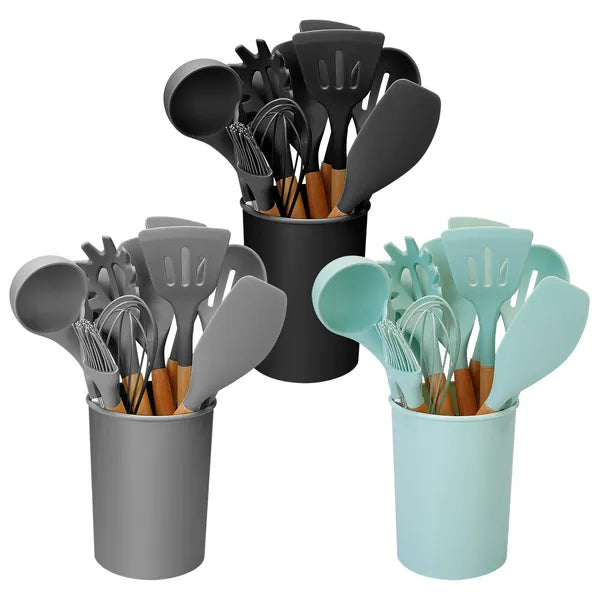 Aeelleea 11Pcs Silicone Cooking Utensils Set, Heat Resistant Wooden Handle Kitchen Tools, Spatula Ladle Pasta Tongs Whisk with Storage Holder