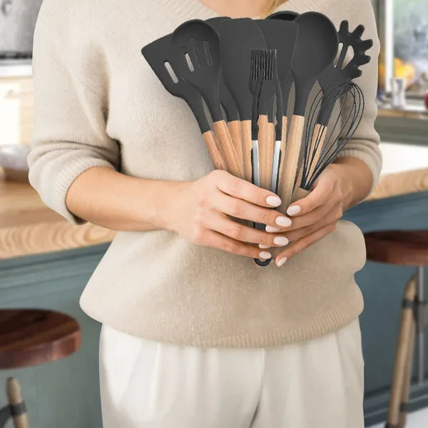 Aeelleea 11Pcs Silicone Cooking Utensils Set, Heat Resistant Wooden Handle Kitchen Tools, Spatula Ladle Pasta Tongs Whisk with Storage Holder
