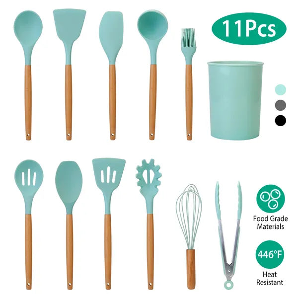 Aeelleea 11Pcs Silicone Cooking Utensils Set, Heat Resistant Wooden Handle Kitchen Tools, Spatula Ladle Pasta Tongs Whisk with Storage Holder