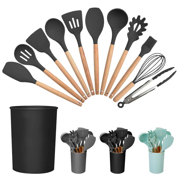 Aeelleea 11Pcs Silicone Cooking Utensils Set, Heat Resistant Wooden Handle Kitchen Tools, Spatula Ladle Pasta Tongs Whisk with Storage Holder