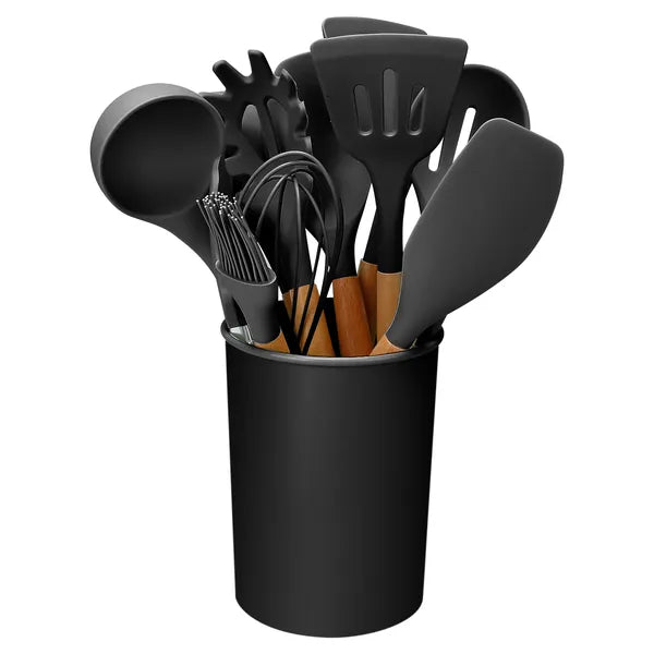 Aeelleea 11Pcs Silicone Cooking Utensil Set, Heat Resistant Wooden Handle Kitchen Tools with Storage Holder for Non-Stick Cookware