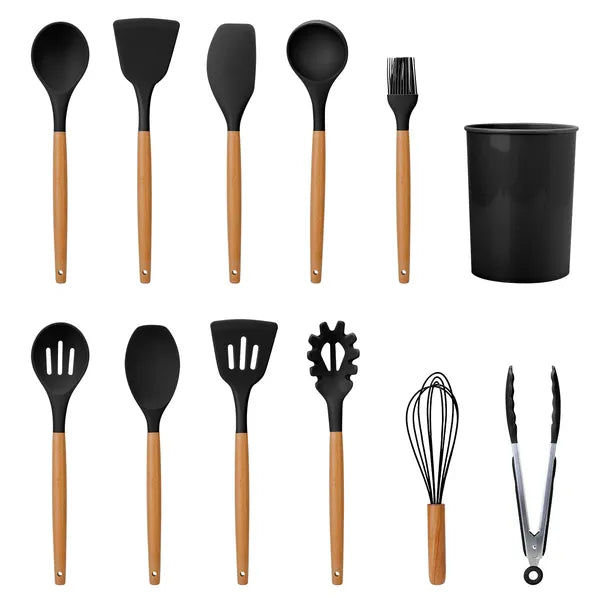 Aeelleea 11Pcs Silicone Cooking Utensil Set, Heat Resistant Wooden Handle Kitchen Tools with Storage Holder for Non-Stick Cookware