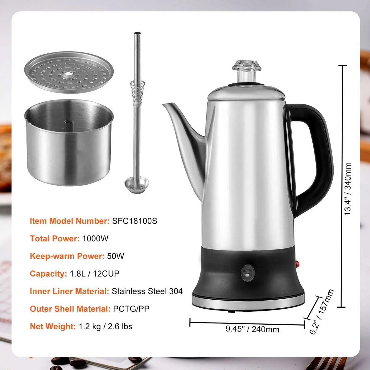 AEELLEEA 12-Cup Electric Coffee Percolator, 304 Steel Maker, Quick Brew, Keep Warm, Cool-Touch Handle, Easy-Pour Spout, Silver