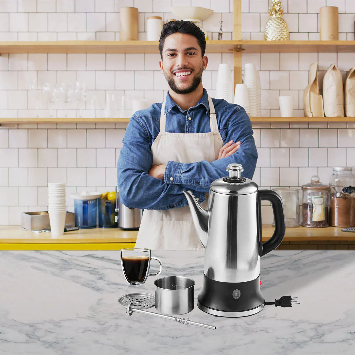 AEELLEEA 12-Cup Electric Coffee Percolator, 304 Steel Maker, Quick Brew, Keep Warm, Cool-Touch Handle, Easy-Pour Spout, Silver