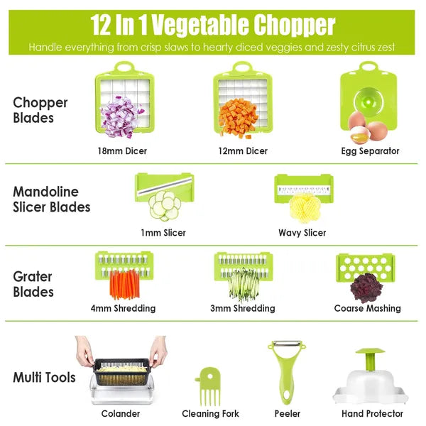 Aeelleea 12-in-1 Vegetable Chopper, Multifunctional Slicer Dicer Cutter with Hand Guard, Egg Separator & Peeler for Onion Fruit Cheese