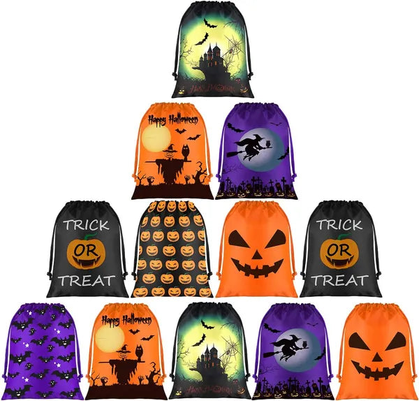 12 Pack Halloween Candy Treat Bags, Non-Woven Reusable Trick or Treat Tote Bags with Handles for Kids Party Favors