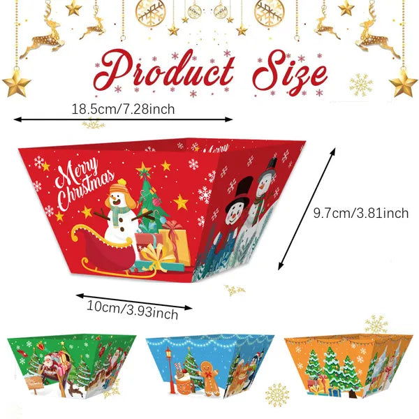 12Pcs Christmas Disposable Paper Snack Trays, Santa Elk Snowman Pattern Food Serving Bowls, Popcorn Containers for Xmas Party & Movie Night Decor