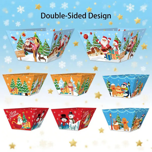 12Pcs Christmas Disposable Paper Snack Trays, Santa Elk Snowman Pattern Food Serving Bowls, Popcorn Containers for Xmas Party & Movie Night Decor
