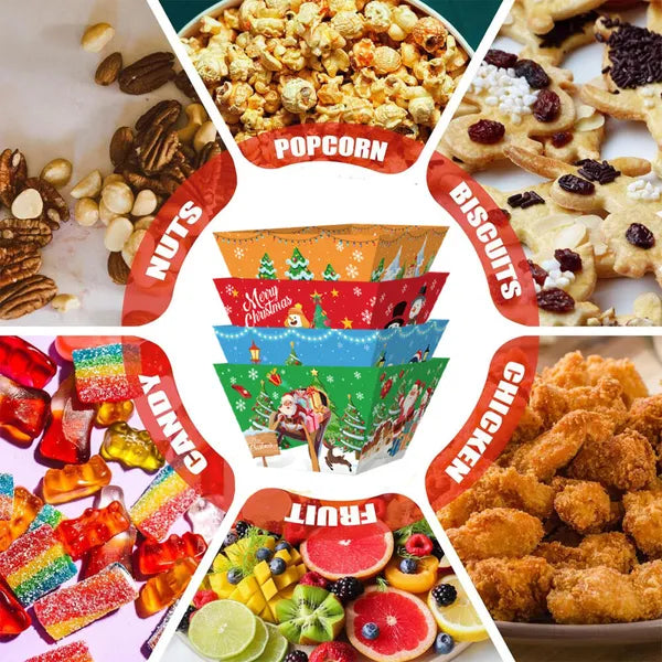 12Pcs Christmas Disposable Paper Snack Trays, Santa Elk Snowman Pattern Food Serving Bowls, Popcorn Containers for Xmas Party & Movie Night Decor