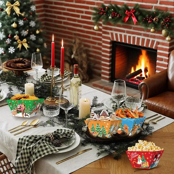 12Pcs Christmas Disposable Paper Snack Trays, Santa Elk Snowman Pattern Food Serving Bowls, Popcorn Containers for Xmas Party & Movie Night Decor