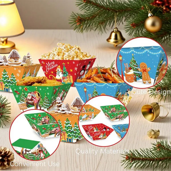 12Pcs Christmas Disposable Paper Snack Trays, Santa Elk Snowman Pattern Food Serving Bowls, Popcorn Containers for Xmas Party & Movie Night Decor
