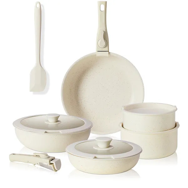 Aeelleea 12Pcs Removable Handle Nonstick Cookware Set, 8"+10" Frying Pan, 7"+8" Saucepan, White Granite Coating Pots and Pans for Kitchen