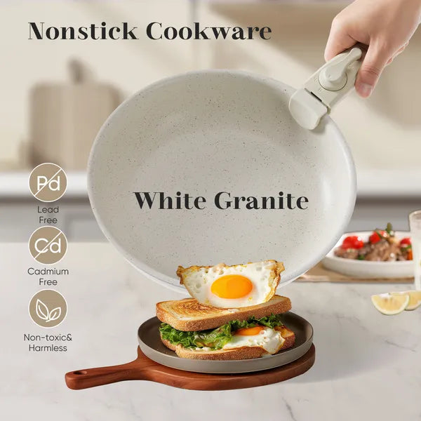 Aeelleea 12Pcs Removable Handle Nonstick Cookware Set, 8"+10" Frying Pan, 7"+8" Saucepan, White Granite Coating Pots and Pans for Kitchen