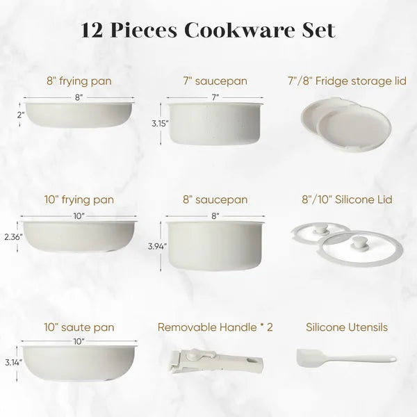 Aeelleea 12Pcs Removable Handle Nonstick Cookware Set, 8"+10" Frying Pan, 7"+8" Saucepan, White Granite Coating Pots and Pans for Kitchen
