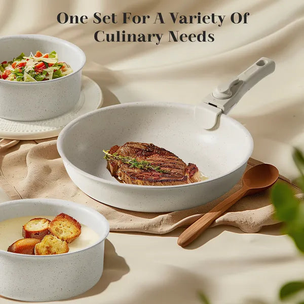 Aeelleea 12Pcs Removable Handle Nonstick Cookware Set, 8"+10" Frying Pan, 7"+8" Saucepan, White Granite Coating Pots and Pans for Kitchen