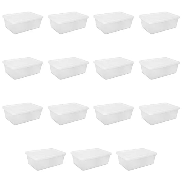 Aeelleea 12 Qt Clear Plastic Storage Bin with Snap-On White Lid, Stackable Closet Box, 15 Pack