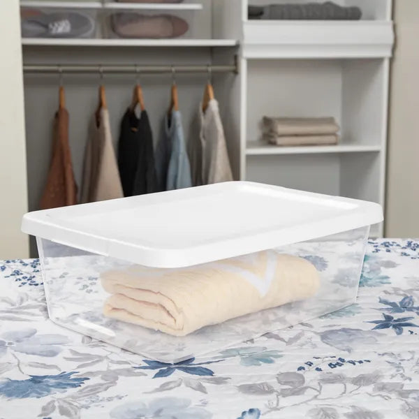 Aeelleea 12 Qt Clear Plastic Storage Bin with Snap-On White Lid, Stackable Closet Box, 15 Pack
