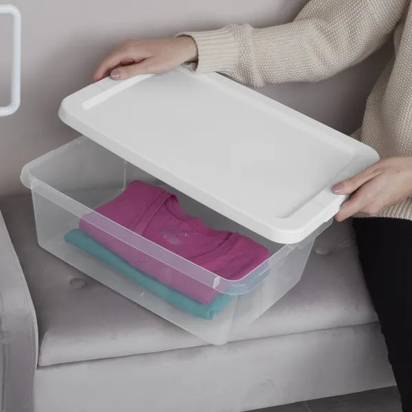 Aeelleea 12 Qt Clear Plastic Storage Bin with Snap-On White Lid, Stackable Closet Box, 15 Pack