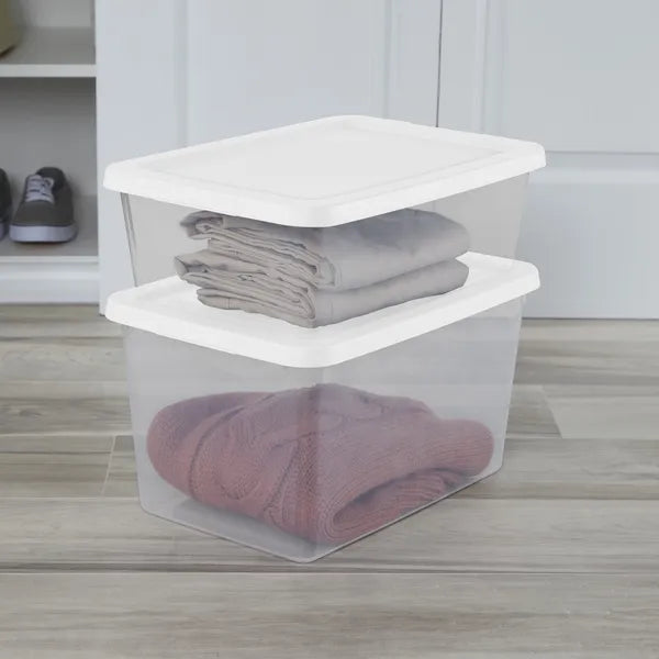 Aeelleea 12 Qt Clear Plastic Storage Bin with Snap-On White Lid, Stackable Closet Box, 15 Pack