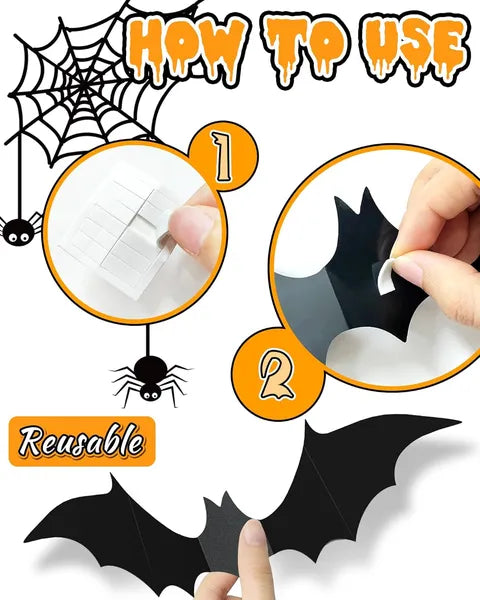 120 Pcs Halloween 3D Bat Decorations, 4 Sizes Scary Bat Stickers for Bedroom, Bathroom, Door, Wall & Party Decor.