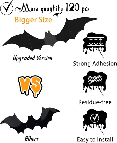 120 Pcs Halloween 3D Bat Decorations, 4 Sizes Scary Bat Stickers for Bedroom, Bathroom, Door, Wall & Party Decor.