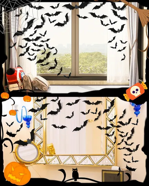 120 Pcs Halloween 3D Bat Decorations, 4 Sizes Scary Bat Stickers for Bedroom, Bathroom, Door, Wall & Party Decor.