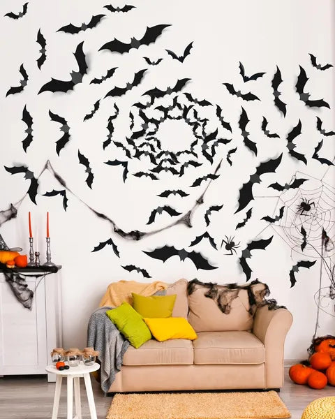 120 Pcs Halloween 3D Bat Decorations, 4 Sizes Scary Bat Stickers for Bedroom, Bathroom, Door, Wall & Party Decor.