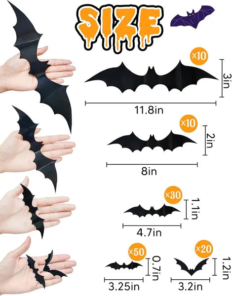 120 Pcs Halloween 3D Bat Decorations, 4 Sizes Scary Bat Stickers for Bedroom, Bathroom, Door, Wall & Party Decor.
