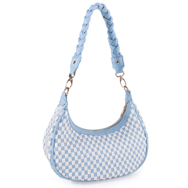 Checkered Shoulder Bag for Women, Y2K Hobo Crescent Purse with Braided Strap, Small Blue White Armpit Bag Trendy Fashion Handbag