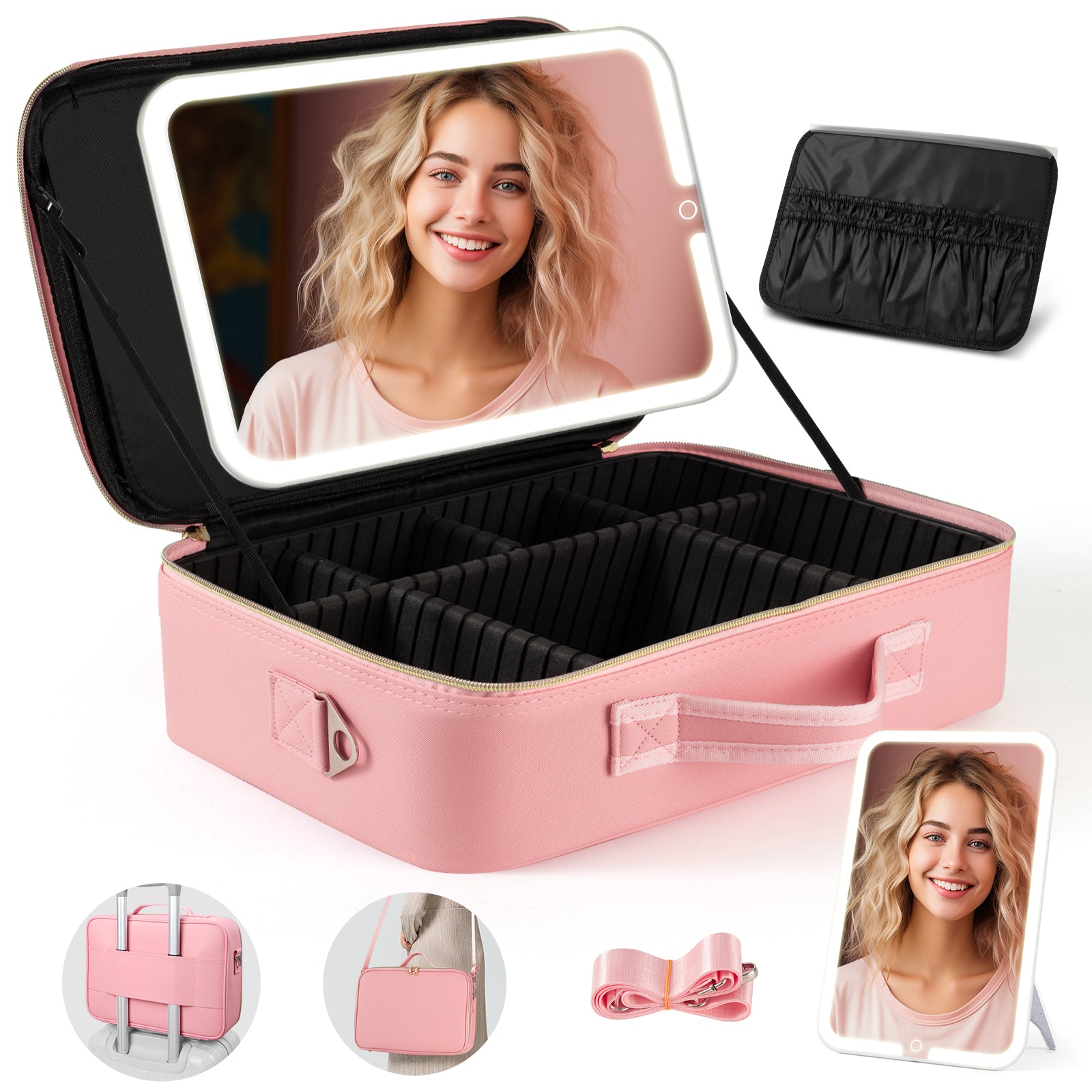 15" Lighted Makeup Organizer 3Color Mirror Adjustable Dividers Travel Ready